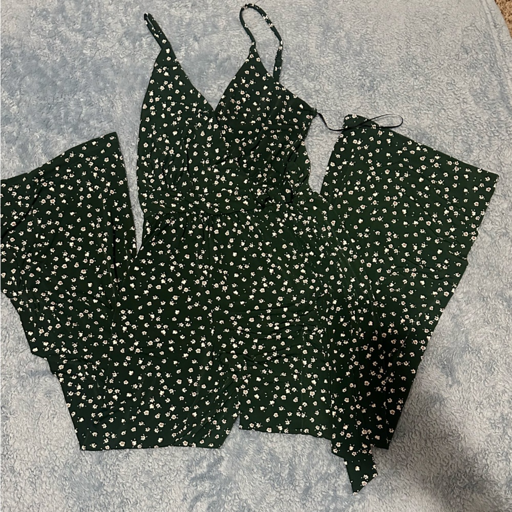 Kaileigh Dark Green Jumpsuit with White Floral Design